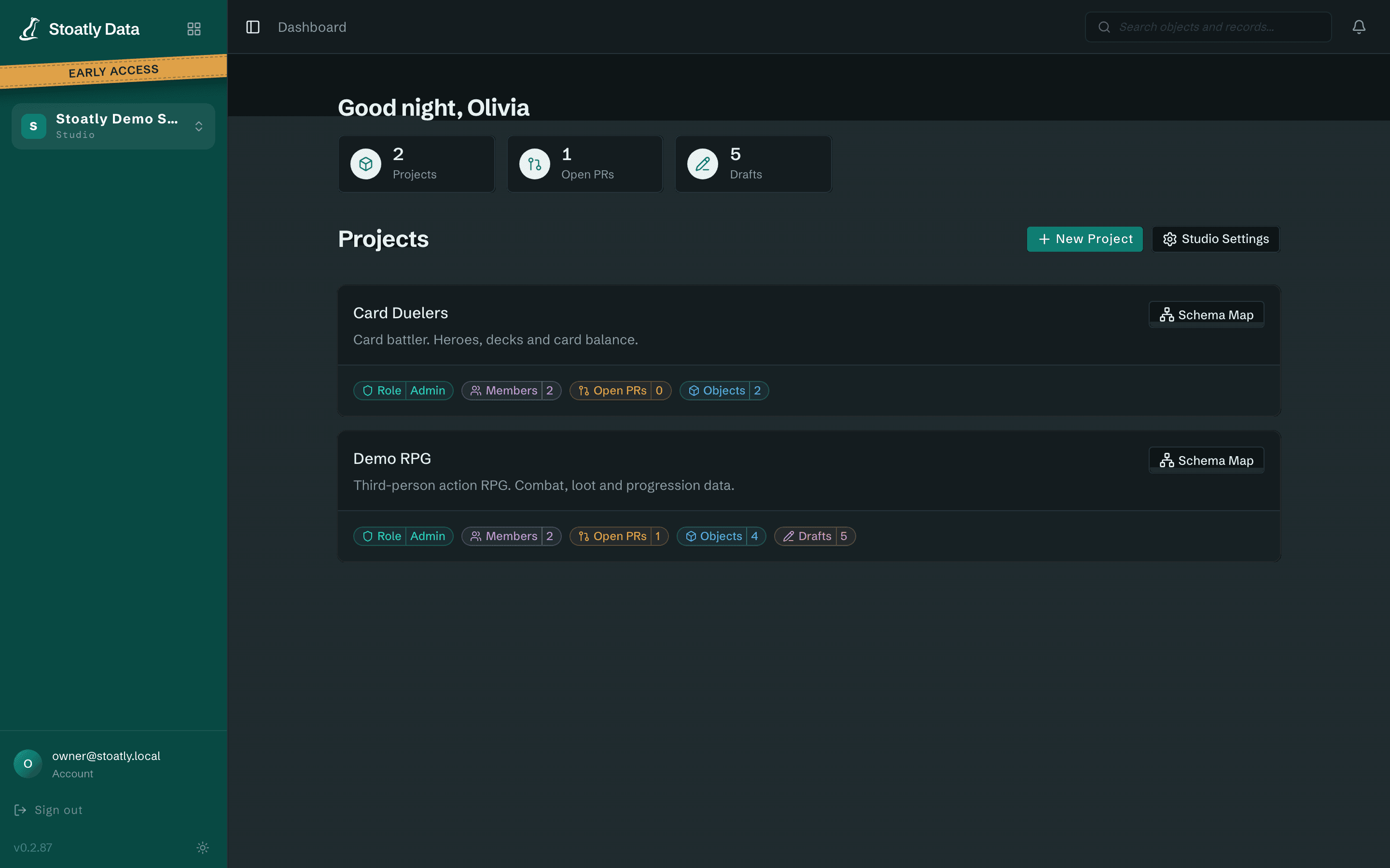 Stoatly Data dashboard listing studio projects