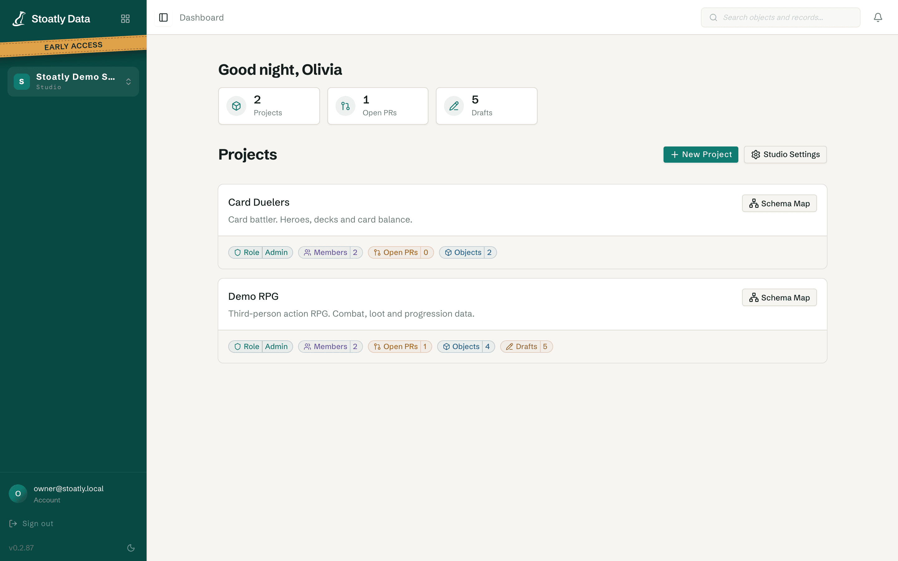 Stoatly Data dashboard listing studio projects