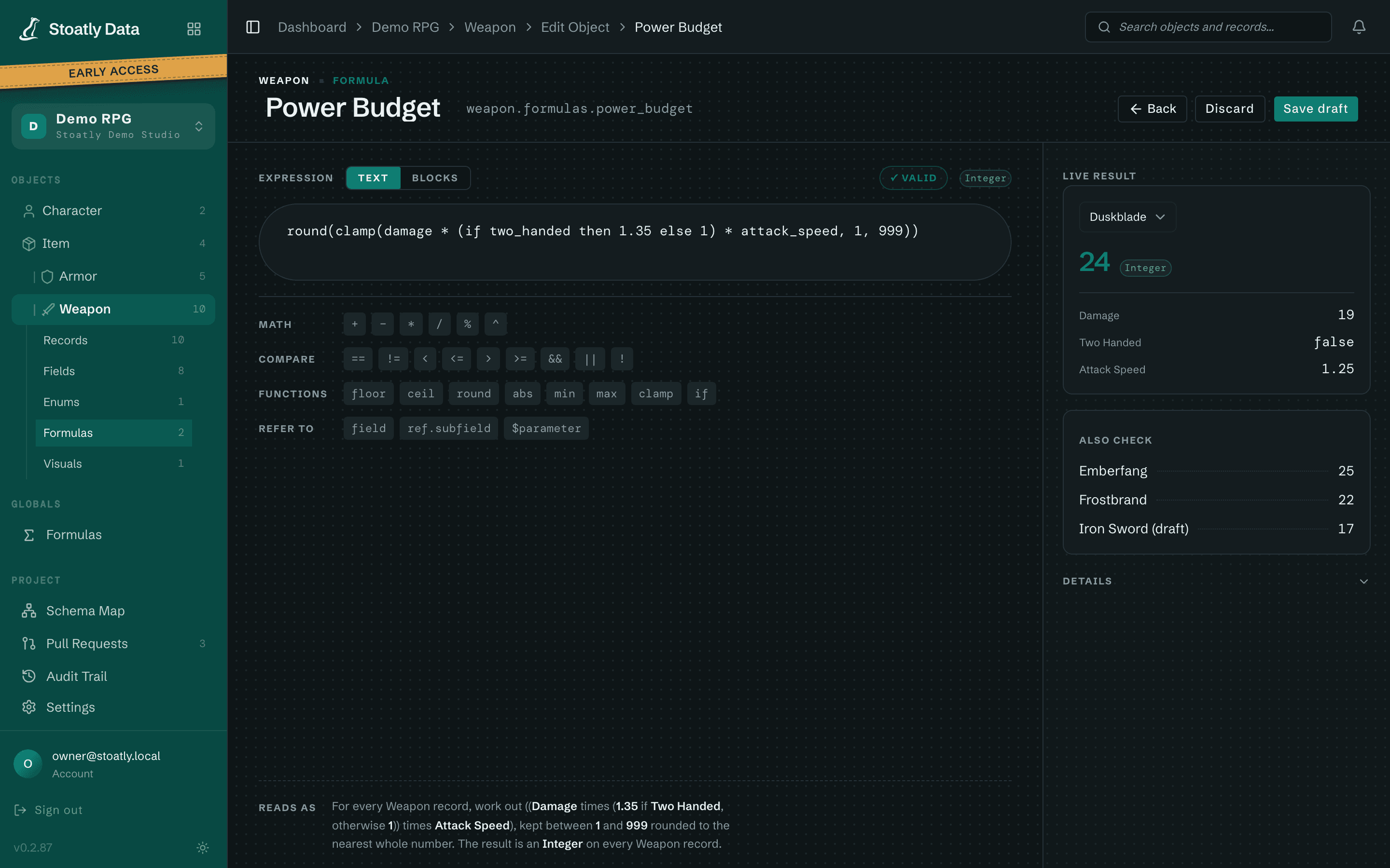 Formula editor for a Power Budget formula with a live result