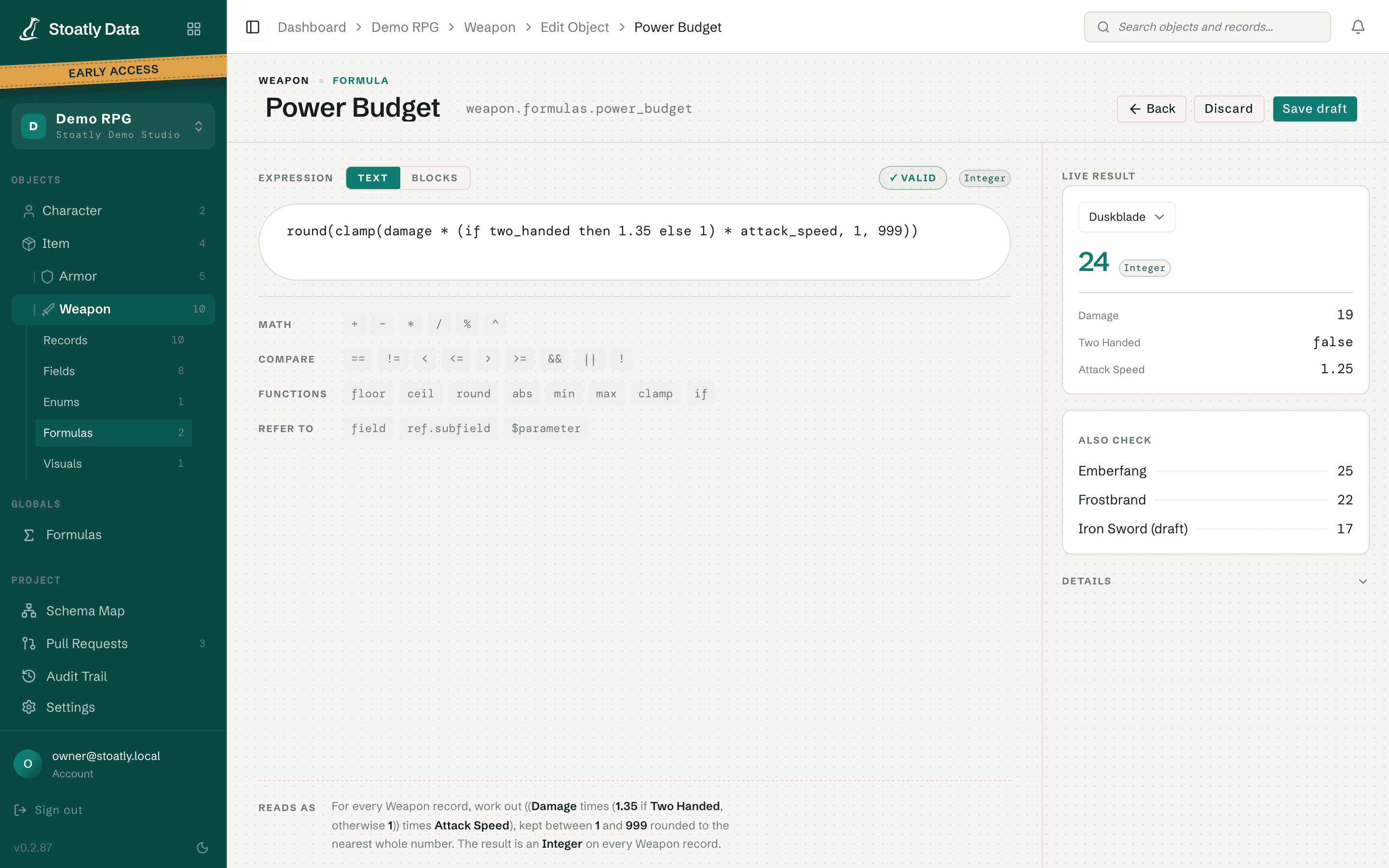Formula editor for a Power Budget formula with a live result