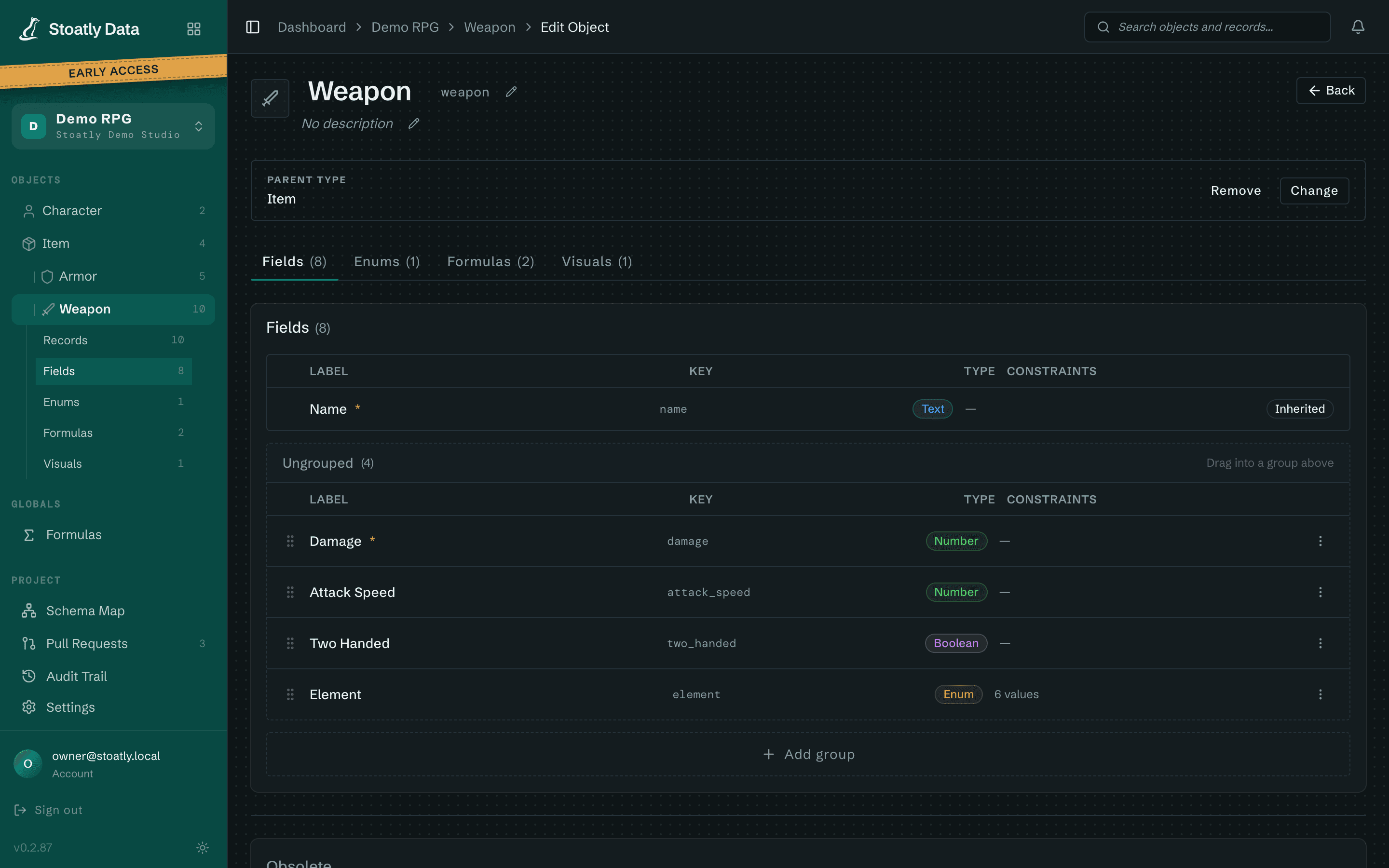 Object editor showing Weapon fields, keys and types