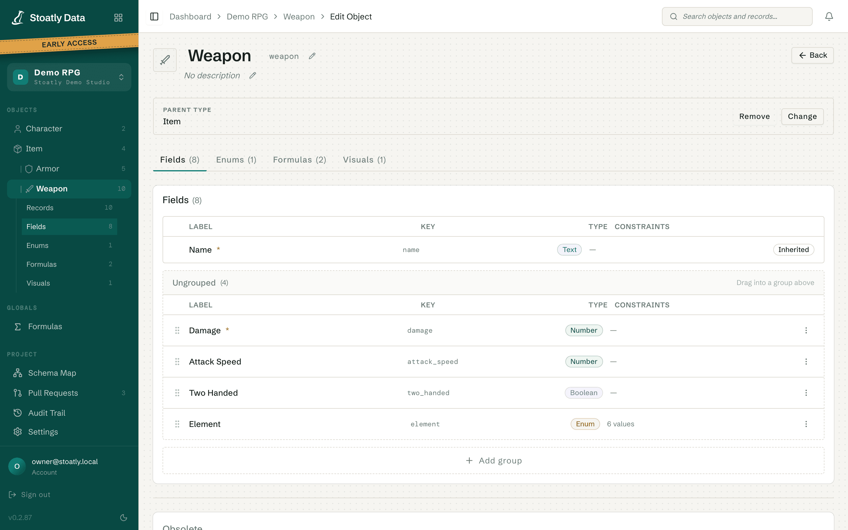 Object editor showing Weapon fields, keys and types