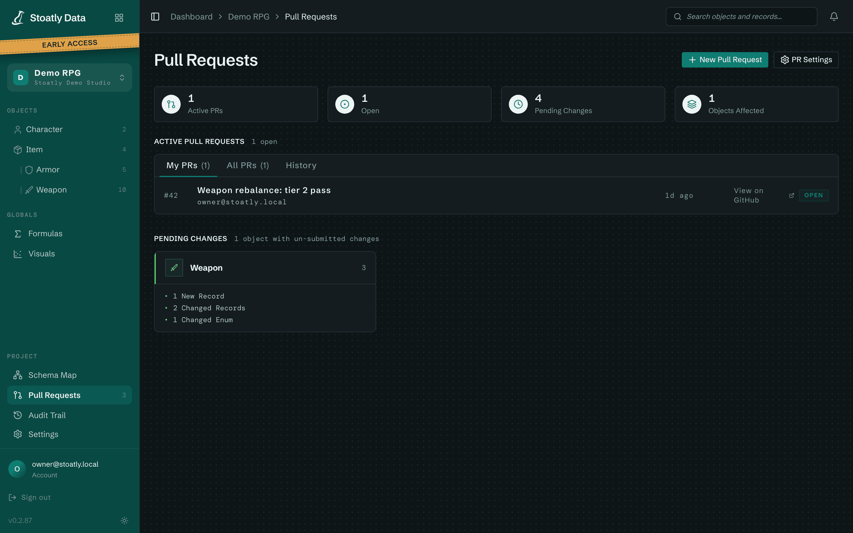 Pull request list with pending changes per object