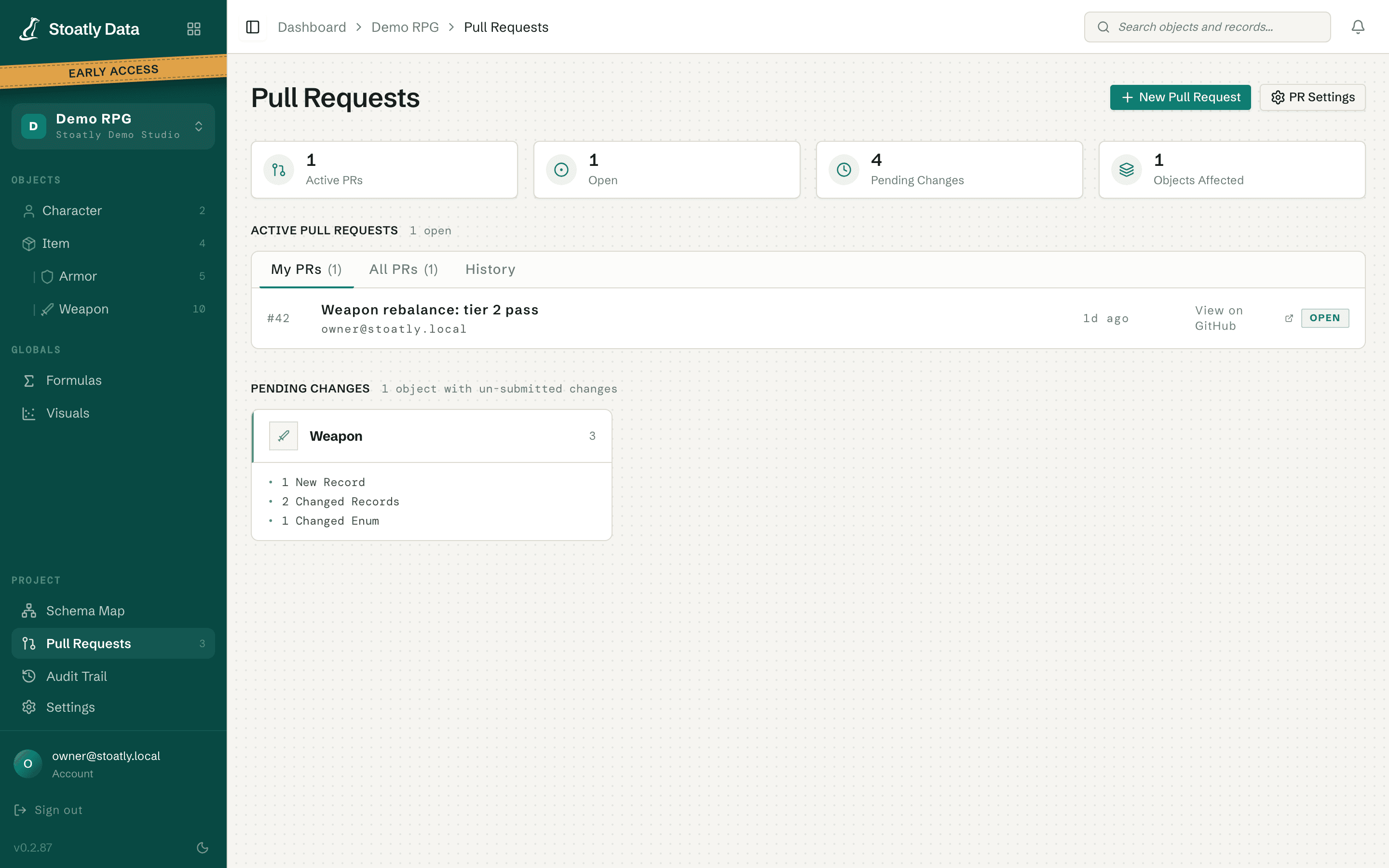 Pull request list with pending changes per object