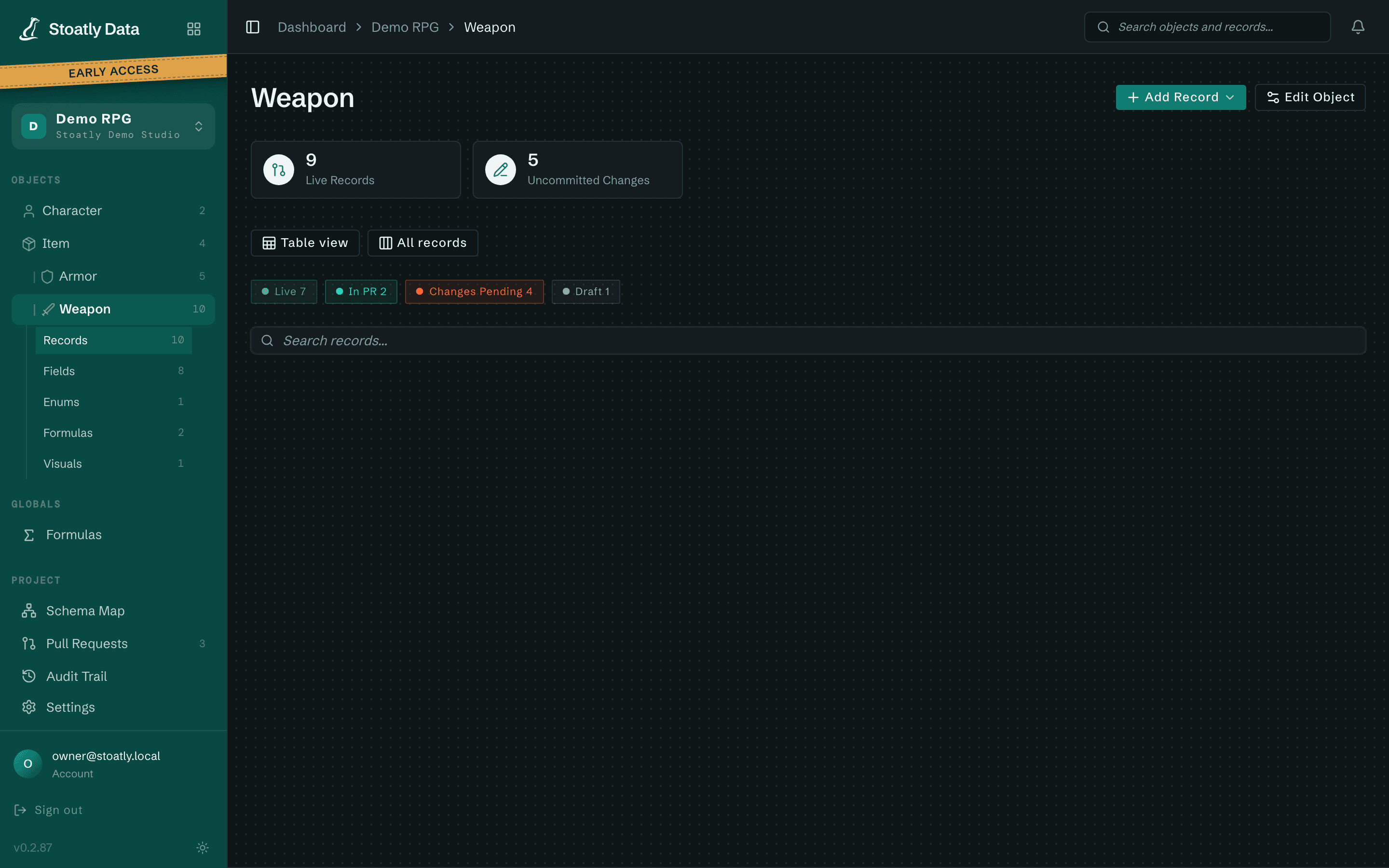 Weapon record list with state filters and search