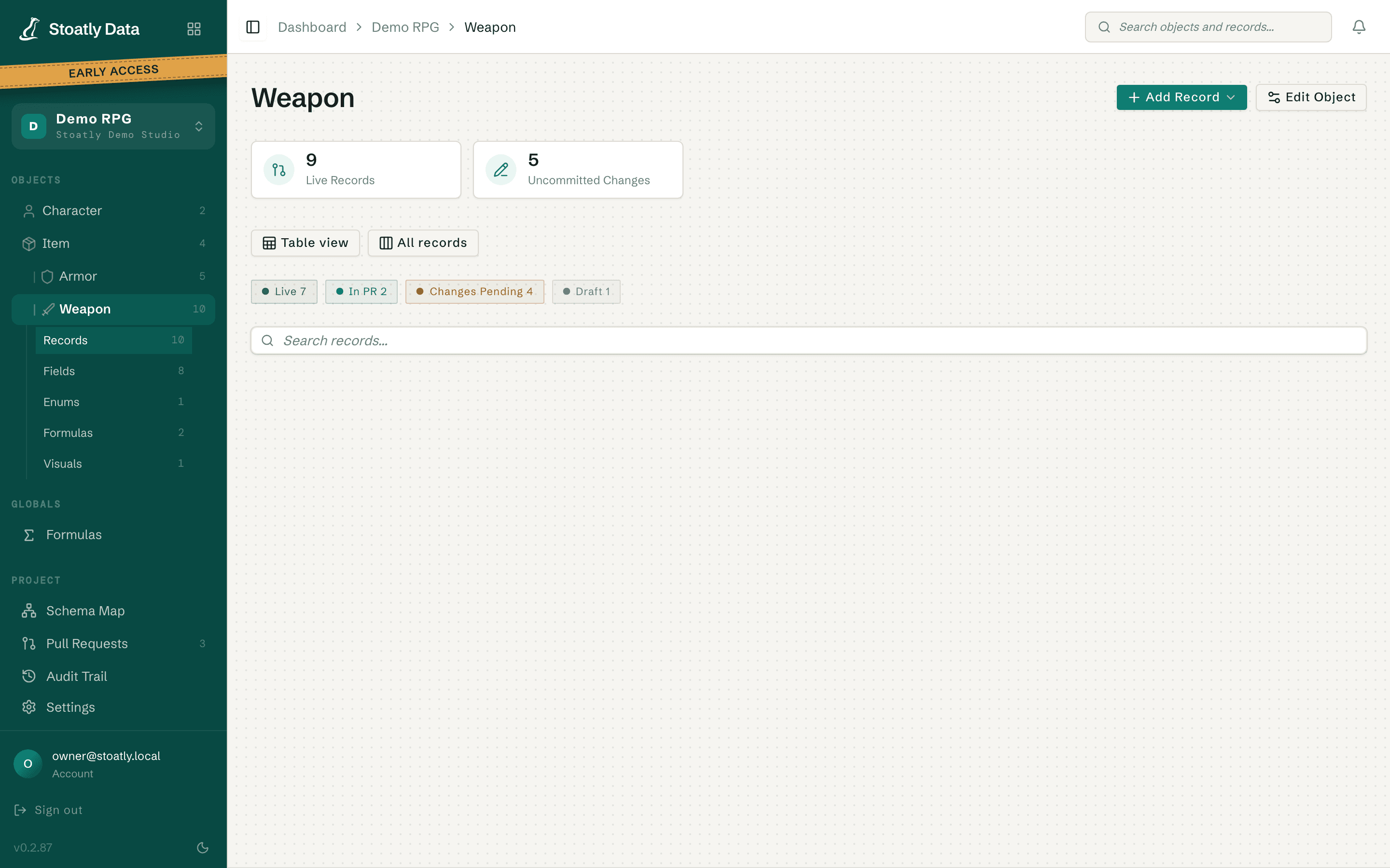 Weapon record list with state filters and search